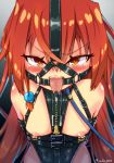  arms_behind_back bdsm bell blush bondage bound brown_eyes collar flat_chest gag gagged highres leash long_hair mikagura nipple_piercing nipples open_mouth original piercing red_hair ring_gag saliva solo tears tongue tongue_clamp tongue_out very_long_hair 
