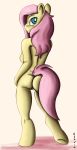  anthro anthrofied blue_eyes blush breasts butt conrie equine female fluttershy_(mlp) friendship_is_magic hair hi_res horse long_hair looking_at_viewer looking_back mammal my_little_pony nude pink_hair pony pussy signature simple_background solo standing white_background yellow_body 