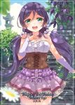  :d arm_warmers blurry center_frills character_name corset dated day depth_of_field detached_collar earrings eyebrows_visible_through_hair flower flower_earrings frilled_skirt frills garter_straps green_eyes hand_on_own_chest happy_birthday highres jewelry long_hair looking_at_viewer love_live! love_live!_school_idol_festival love_live!_school_idol_project minamixdrops necklace open_mouth outdoors pearl_necklace plant potted_plant purple_hair purple_skirt round_teeth scrunchie skirt smile solo stairs stone_wall teeth thighs toujou_nozomi twintails upper_teeth wall white_scrunchie 