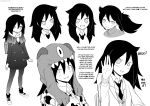  backpack bag bangs empty_eyes english frankseven greyscale highres hood hoodie kuroki_tomoko long_hair long_sleeves monochrome multiple_views nemoto_hina open_mouth pantyhose personality_switch ponytail watashi_ga_motenai_no_wa_dou_kangaetemo_omaera_ga_warui! white_background 