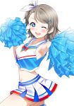  :d =d alternate_hairstyle armpits bangs blue_eyes blush breasts cheering cheerleader crop_top crop_top_overhang eyebrows_visible_through_hair grey_hair hair_between_eyes hair_ornament hair_ribbon hairclip highres looking_at_viewer love_live! love_live!_sunshine!! medium_breasts midriff miniskirt one_eye_closed one_side_up open_mouth pleated_skirt pom_poms ribbon rozen5 short_hair side_ponytail simple_background skirt sleeveless smile solo standing standing_on_one_leg striped striped_skirt thighs v-neck watanabe_you white_background 