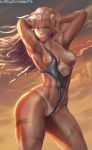  abs alternate_hairstyle aqua_eyes areola_slip areolae armpits arms_up artist_name bikini_tan blonde_hair breasts cammy_white cloud covered_navel cutesexyrobutts detached_sleeves hands_in_hair highres long_hair looking_at_viewer medium_breasts signature solo strap_gap street_fighter sunset tan tanline thick_thighs thighs toned 