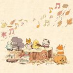  autumn autumn_leaves baton_(instrument) bird bunny chick chipmunk commentary_request drum drumsticks fish fishbowl flute hamster headband holding holding_instrument instrument jack-o&#039;-lantern leaf looking_at_another mojacookie mushroom music musical_note no_humans original piano playing_instrument porcupine red_headband running sepia_background signature simple_background squirrel standing tree_stump violin wind 