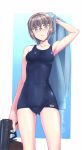  aps_rifle ass_visible_through_thighs blue_background blue_eyes blue_swimsuit blue_towel breasts collarbone cowboy_shot glasses grey_hair gun highres looking_at_viewer medium_breasts oda_masaki_(b-minor) one-piece_swimsuit original school_swimsuit short_hair simple_background solo standing swimsuit towel twitter_username two-tone_background weapon white_background 