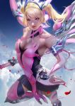  artist_name bare_shoulders blonde_hair blue_eyes bow bridal_gauntlets cloud flying from_above gloves lips long_hair mechanical_halo mechanical_wings mercy_(overwatch) overwatch parted_lips petals pink pink_mercy skindentation sky solo sweat twintails wings zumi_(zumidraws) 
