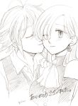  1girl antenna_hair artist_name bare_shoulders blush buttons closed_eyes couple detached_sleeves earrings elizabeth_liones eyes_visible_through_hair greyscale hair_over_one_eye harumiya imminent_kiss jewelry meliodas monochrome nanatsu_no_taizai necktie one_eye_closed 