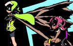  3d_rod! cape commentary crossed_arms dark_skin green_hair groin inkling jacket looking_to_the_side midriff multiple_girls navel octarian octoling one_knee parody pink_hair serious shaded_face splatoon_(series) splatoon_2 splatoon_2:_octo_expansion squidbeak_splatoon standing tengen_toppa_gurren_lagann tentacle_hair 