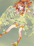  angel angel_wings aokaze_(mimi_no_uchi) bow bow_(weapon) bowtie brown_hair commentary_request dress feathered_wings flying green_dress green_eyes green_panties halo head_tilt holding holding_weapon idolmaster idolmaster_(classic) layered_dress looking_at_viewer open_mouth orange_footwear orange_neckwear panties pantyshot pointing pointing_at_viewer sandals sleeveless sleeveless_dress smile solo takatsuki_yayoi thigh_strap twintails underwear weapon wings yellow_panties 
