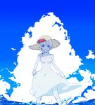  bangs bare_arms bare_shoulders blonde_hair blue_eyes blue_sky breasts cleavage cloud collarbone day dress feet_out_of_frame flower hair_between_eyes hat hat_flower hibiscus highres kingdom_hearts kingdom_hearts_ii leaf legs_apart lifted_by_self looking_at_viewer medium_hair namine outdoors ramochi_(auti) red_flower skirt_hold sky smile solo standing straw_hat wading white_dress yellow_hat 