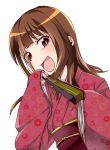  :d aokaze_(mimi_no_uchi) bad_id bad_pixiv_id brown_eyes brown_hair fan floral_print head_tilt holding japanese_clothes kimono long_hair long_sleeves looking_at_viewer mihirogi_uta open_mouth print_kimono red_kimono saki saki_achiga-hen simple_background smile smirk solo standing upper_body white_background wide_sleeves 