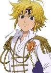  aiguillette alternate_costume antenna_hair artist_name black_eyes blonde_hair dark_persona double-breasted epaulettes evil_smile harumiya long_sleeves looking_at_viewer meliodas moon nanatsu_no_taizai shirt smile solo sun white_background white_shirt 