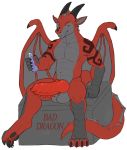  alternate_species anthro award bad_dragon balls barbed_penis claws design dragon english_text erection henshin hi_res horn knot looking_at_viewer lube male markings muscular muscular_male navel pawpads penis red_eyes simple_background solo text wings wyebird 
