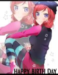 \m/ beanie black_hat blush digital_media_player from_side hand_on_own_knee happy_birthday hat highres holding ipod knee_up leggings looking_at_viewer love_live! love_live!_school_idol_project low_twintails medium_hair nishikino_maki panda_copt pink_footwear pink_shirt purple_eyes red_hair shirt shoes sitting solo star striped striped_legwear sweater_vest twintails twitter_username zoom_layer 