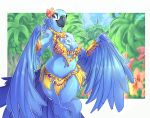  2017 anthro anthrofied armor avian beak bikini bird blue_eyes blue_macaw bracers breasts clothed clothing feathers female flower flower_in_hair gofa jewel_(rio) jungle looking_at_viewer macaw parrot plant rio smile solo swimsuit winged_arms wings 