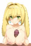  1boy 1girl animated animated_gif areolae blonde_hair blush breasts collarbone cum cum_on_breasts earrings ejaculation erection eyes_closed facial fate/extra fate/grand_order fate_(series) green_eyes hetero kunabishi large_breasts looking_at_viewer lowres nero_claudius_(fate) nero_claudius_(fate)_(all) nero_claudius_(swimsuit_caster)_(fate) nipples paizuri penis pixel_art red_background tongue tongue_out topless twintails ugoira upper_body 