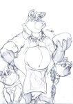  2021 animal_crossing anthro apron balls belly big_balls big_belly canid canine clothed clothing genitals group hi_res hopelesshighschool humanoid_hands male mammal nintendo open_clothing open_shirt open_topwear raccoon_dog shirt size_difference tanuki timmy_nook tom_nook_(animal_crossing) tommy_nook topwear video_games 