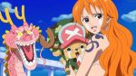  1girl 2boys age_difference bare_shoulders bikini breasts child dragon grass hugging long_hair momonosuke_(one_piece) multiple_boys nami_(one_piece) one_piece scared screencap tattoo tears teeth tongue tony_tony_chopper 