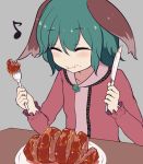  ^_^ animal_ears blush closed_eyes collarbone commentary_request eating eighth_note eyebrows_visible_through_hair food fork green_hair grey_background hair_between_eyes hands_up holding holding_fork holding_knife kasodani_kyouko knife long_sleeves marsen meat musical_note pink_shirt plate shirt short_hair simple_background solo table touhou upper_body 