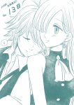  1girl antenna_hair bangs bare_shoulders blush buttons earrings elizabeth_liones greyscale hair_over_one_eye harumiya head_on_another's_shoulder jewelry leaning_on_person leaning_to_the_side long_hair long_sleeves looking_at_another meliodas monochrome nanatsu_no_taizai necktie sleeping sleeping_on_person sleeping_upright 