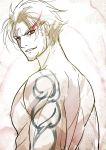  arm_tattoo bangs beowulf_(fate/grand_order) ecat facial_hair fate/grand_order fate_(series) goatee looking_at_viewer male_focus monochrome parted_bangs red_eyes scar shirtless smile solo spot_color tattoo upper_body 