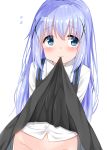  absurdres arms_behind_back bangs black_skirt blue_eyes blush cacao_(chocolat) closed_mouth commentary_request embarrassed eyebrows_visible_through_hair gochuumon_wa_usagi_desu_ka? groin hair_ornament hairclip highres kafuu_chino light_blue_hair long_hair long_sleeves looking_away mouth_hold no_panties out-of-frame_censoring rabbit_house_uniform shirt simple_background skirt skirt_lift solo standing suspenders sweatdrop white_background white_shirt x_hair_ornament 