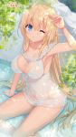  ;o absurdres arm_support bangs bare_arms bare_legs bare_shoulders blonde_hair blue_eyes blush breasts camisole chemise choujin_koukousei-tachi_wa_isekai_demo_yoyuu_de_ikinuku_you_desu! cleavage collarbone covered_navel elf eyebrows_visible_through_hair eyelashes fingernails frills hair_between_eyes hand_up highres large_breasts lilulu_(choujin_koukousei-tachi_wa_isekai_demo_yoyuu_de_ikinuku_you_desu!) lingerie long_hair looking_at_viewer off_shoulder one_eye_closed open_mouth partially_submerged pointy_ears ribbon sakura_neko see-through shiny shiny_skin sidelocks sitting solo strap_slip underwear very_long_hair wet 