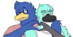  &lt;3 2018 alex_falcon_(character) anthro arm_around_shoulders avian beak bird blush clothed clothing digital_media_(artwork) duo falcon feathers male male/male osprey sebirb_(artist) simple_background size_difference sketch theodore_(character) tongue 