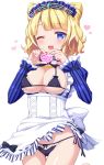  ;d apron black_bra black_panties blonde_hair blue_eyes blush bra breasts breasts_outside eyebrows_visible_through_hair heart heart_hands long_sleeves looking_at_viewer maid maid_headdress medium_breasts minami_mirei one_eye_closed open_mouth panties pretty_(series) pripara short_hair side-tie_panties simple_background smile solo striped tiger_rmn underwear vertical_stripes white_background 