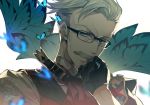  blue_butterfly blue_eyes bug butterfly edoya_pochi facial_hair fate/grand_order fate_(series) glasses gloves grey_hair insect james_moriarty_(fate/grand_order) male_focus mustache portrait short_hair solo 