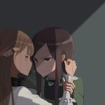 2girls bangs blonde_hair blue_eyes blunt_bangs bow bowtie brown_hair commentary_request dorothy_(princess_principal) grabbing_another's_hand long_hair looking_at_another multiple_girls princess_(princess_principal) princess_principal purple_eyes shade shirt upper_body white_shirt 
