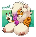  2018 4_fingers amber_eyes anthro areola big_breasts black_stripes breasts bust_portrait buxbi_(character) claws digital_media_(artwork) fangs feline female fur hair huge_breasts looking_at_viewer mammal multicolored_hair nipple_piercing nipples orange_fur paws piercing portrait purple_hair signature smile solo stripes tiger two_tone_hair v_sign white_hair yellow_eyes zwitterkitsune 