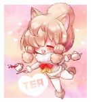  :d alpaca_ears alpaca_suri_(kemono_friends) alpaca_tail animal_ears big_hair chibi chino_machiko cup fur_collar hair_over_one_eye heart holding kemono_friends neck_ribbon open_mouth pantyhose ribbon short_shorts shorts smile solo standing standing_on_one_leg tail tea teacup teapot topknot tray white_legwear 