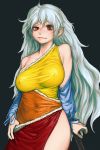  bare_shoulders blue_sleeves breasts check_commentary collarbone commentary_request covered_navel covered_nipples cowboy_shot detached_sleeves dress gengoroumaru_(ambidextrous) grey_background hair_between_eyes hand_on_hilt highres large_breasts long_hair looking_at_viewer messy_hair multicolored multicolored_clothes multicolored_dress orange_dress planted_weapon red_dress red_eyes sakata_nemuno side_slit silver_hair simple_background single_strap smile solo standing touhou uneven_eyes very_long_hair weapon yellow_dress 