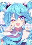  absurdres bangs bare_shoulders blue_eyes blue_hair collar collared_shirt hair_between_eyes hair_ornament hatsune_miku highres long_hair looking_at_viewer murmoruno one_eye_closed open_mouth shirt smile solo twintails upper_body vocaloid 