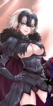  ahoge armor armored_dress black_capelet black_dress black_legwear black_panties breasts capelet chain dress eyebrows_visible_through_hair fate/grand_order fate_(series) fengya fur_trim gauntlets hand_on_hip headpiece highres jeanne_d'arc_(alter)_(fate) jeanne_d'arc_(fate)_(all) large_breasts light_rays looking_at_viewer no_bra open_mouth panties short_hair silver_hair smile solo sword thighhighs thighs underboob underwear weapon yellow_eyes 