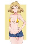  absurdres bare_shoulders bikini bikini_under_clothes breasts breasts_apart brown_hair commentary cowboy_shot denim denim_shorts hair_ornament hand_on_hip highres kurihara_kenshirou looking_at_viewer medium_breasts navel orange_eyes senki_zesshou_symphogear senki_zesshou_symphogear_xd_unlimited shiny shiny_hair shiny_skin short_hair short_shorts shorts solo standing swimsuit tachibana_hibiki_(symphogear) thigh_gap toned yellow_bikini 