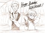  alcohol antenna_hair artist_name blush bottle bow escanor facial_hair greyscale grin happy_birthday harumiya holding holding_bottle indoors long_sleeves looking_at_viewer meliodas monochrome multiple_boys mustache nanatsu_no_taizai open_mouth shirt smile sweatdrop vest 