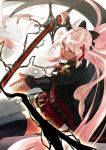  ahoge akamiso_(k074510) black_bow bow commentary dark_skin fate/grand_order fate_(series) grey_eyes hair_between_eyes hair_bow hair_ornament holding holding_sword holding_weapon katana long_hair looking_at_viewer okita_souji_(alter)_(fate) okita_souji_(fate)_(all) open_mouth pink_hair solo sword thighhighs very_long_hair weapon 