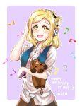  :d belt blonde_hair blue_vest blush braid character_name crown_braid dated digital_media_player hair_rings hand_on_headphones happy_birthday headphones holding holding_stuffed_animal love_live! love_live!_sunshine!! matsumoto_(starbright_mary) medium_hair musical_note ohara_mari open_mouth outline shirt smile solo stuffed_animal stuffed_horse stuffed_toy upper_body vest white_outline white_shirt wireless 