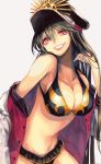  absurdres bikini black_hair breasts cleavage fate/grand_order fate_(series) frilled_bikini frills grey_background grin groin hair_between_eyes hand_in_hair head_tilt highres large_breasts lipstick long_hair looking_at_viewer makeup navel oda_nobunaga_(fate) onekoneko red_eyes red_lipstick shiny shiny_skin sideboob simple_background smile solo swimsuit very_long_hair 