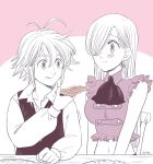  1girl antenna_hair artist_name bangs blush commentary_request double-breasted elizabeth_liones food hair_between_eyes hair_over_one_eye harumiya jewelry long_hair long_sleeves looking_at_another meliodas nanatsu_no_taizai navel pink_shirt pizza shirt single_earring sitting smile vest 