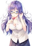  adjusting_hair akashio_(loli_ace) black-framed_eyewear black_skirt blue_eyes blush breasts candy cleavage collarbone commentary eyebrows_visible_through_hair food glasses highres lollipop long_hair looking_at_viewer medium_breasts open_mouth original partially_unbuttoned purple_hair semi-rimless_eyewear shirt simple_background skirt solo under-rim_eyewear white_background white_shirt 
