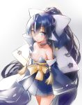 1girl azur_lane black_hair blue_eyes bow breasts collar collarbone commentary_request detached_sleeves hair_bow highres hika_(cross-angel) japanese_clothes long_hair looking_at_viewer nipple_slip nipples ponytail simple_background small_breasts solo standing white_background yoizuki_(azur_lane) 