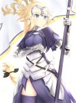  armor armored_dress banner black_ribbon blonde_hair blue_dress blue_eyes blue_legwear braid breasts cowboy_shot dress eyes fate/apocrypha fate_(series) feathers floating_hair gauntlets hair_ribbon hand_on_hilt holding holding_weapon jeanne_d'arc_(fate) jeanne_d'arc_(fate)_(all) long_hair nankaichimu ponytail ribbon sheath sheathed simple_background single_braid solo standing sword thighhighs very_long_hair weapon white_background 