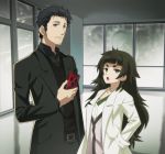  1girl bangs belt black_hair blunt_bangs brown_eyes cellphone collared_shirt facial_hair flat_chest gears green_eyes hands_in_pockets hiyajou_maho jacket labcoat long_hair looking_at_viewer messy_hair nyoro_(nyoronyoro000) official_style okabe_rintarou open_mouth pants phone shirt short_hair smartphone steins;gate steins;gate_0 stubble thick_eyebrows upper_body vest window 