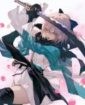  bangs black_legwear blonde_hair bow breasts commentary_request fate/grand_order fate_(series) hair_between_eyes hair_bow haori highres holding holding_sword holding_weapon japanese_clothes katana kimono koha-ace obi okita_souji_(fate) okita_souji_(fate)_(all) open_mouth petals sash scarf short_hair short_kimono simple_background solo sword wanke weapon wide_sleeves yellow_eyes 