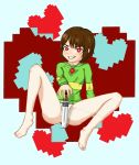  androgynous bottomless brown_hair chara_(undertale) convenient_censor grin red_eyes short_hair undertale 
