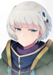  absurdres bangs blue_eyes eyebrows_visible_through_hair hair_ornament highres lzl_j meteora_osterreich portrait re:creators short_hair silver_hair simple_background smile solo white_background 