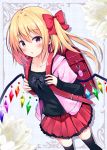  :o alternate_costume backpack bag black_legwear black_shirt blonde_hair blue_background blue_bow blush bow casual collarbone commentary_request contemporary crime_prevention_buzzer crystal eyebrows_visible_through_hair feet_out_of_frame flandre_scarlet flower hair_between_eyes hair_bow highres hood hoodie hyurasan long_sleeves looking_at_viewer miniskirt parted_lips pink_hoodie pleated_skirt red_bow red_eyes red_skirt shirt short_hair short_sleeves side_ponytail silhouette skirt sleeves_past_wrists solo standing thighhighs touhou white_flower wings zettai_ryouiki 