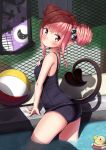  :c animal_print ass ball bangs bat_print beachball blush commentary_request demon_girl demon_tail double_bun eyebrows_visible_through_hair fence fingernails hair_ornament hand_on_own_chest looking_at_viewer looking_to_the_side mochiyuki old_school_swimsuit one-piece_swimsuit original pink_eyes pink_hair pointy_ears pool rubber_duck school_swimsuit shadow short_hair solo standing succubus swimsuit tail wading water 